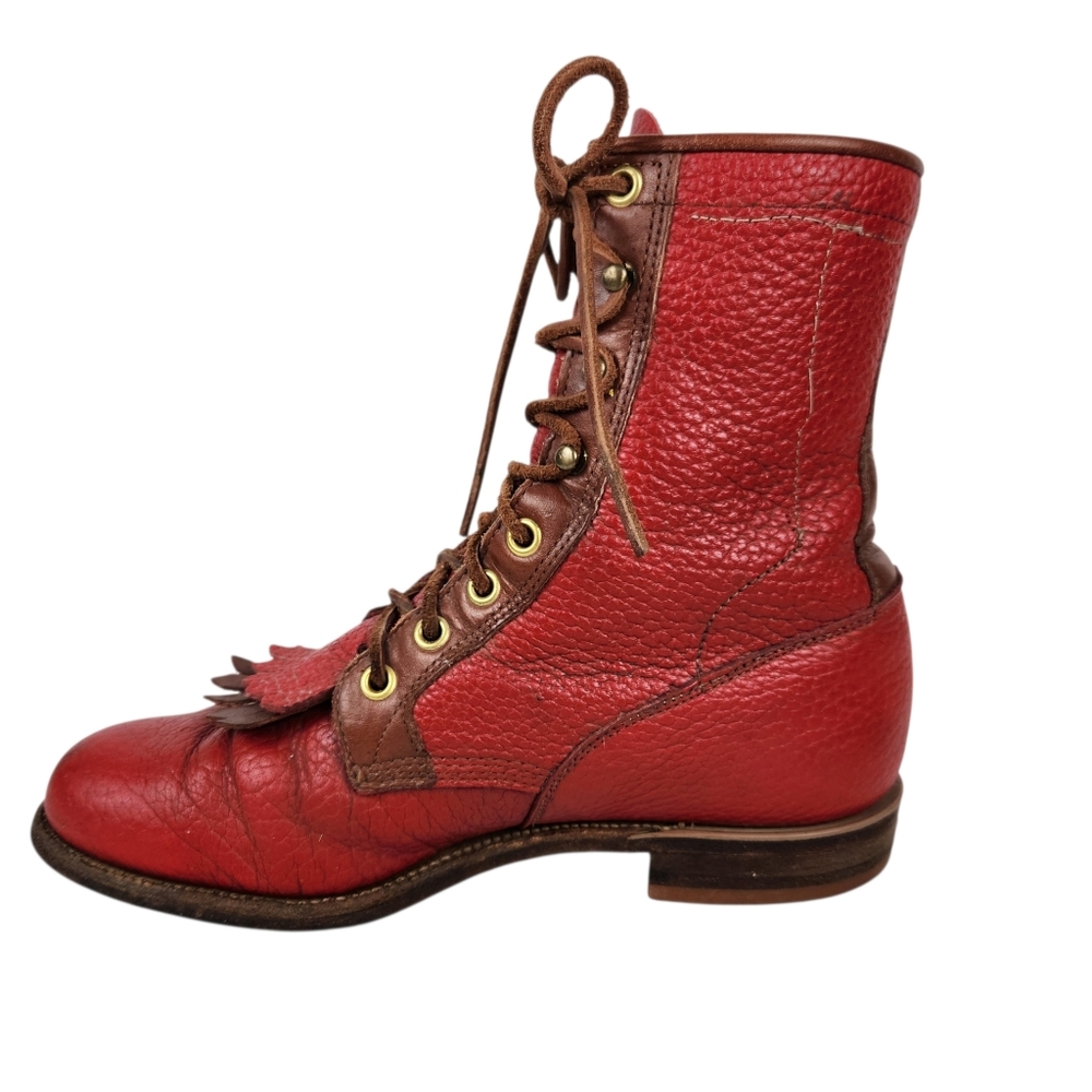 Justin Vintage Red Leather Brown Trim Lace Up Roper Western Boots Womens Size 6 - Picture 4 of 12